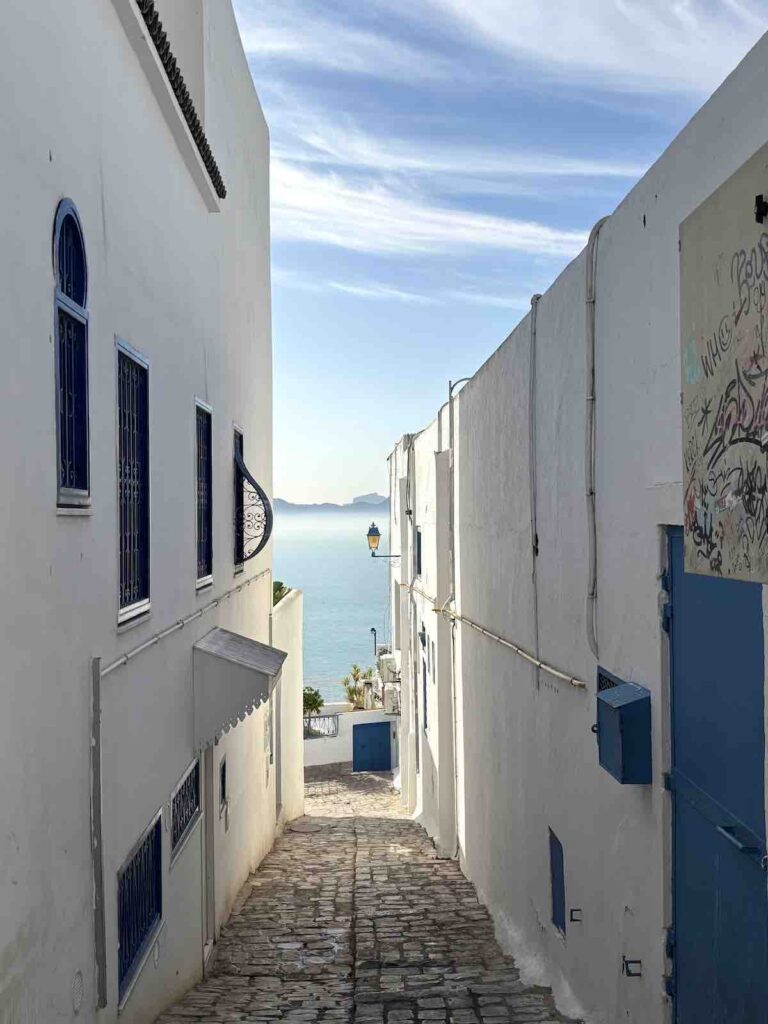 Les rues de Sidi Bou Saïd avec vue sur la mer