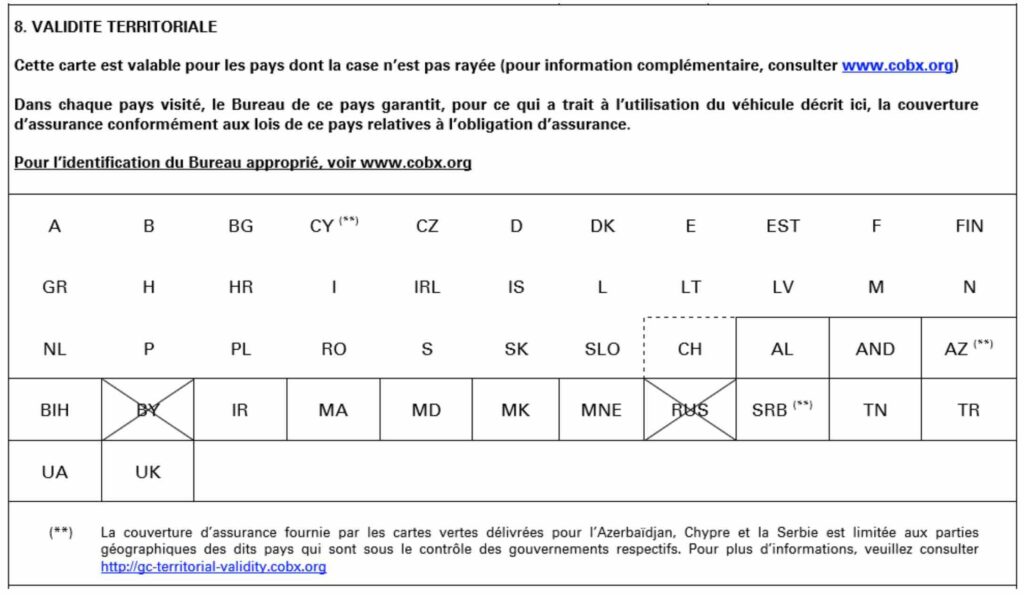 Liste des pays carte verte assurance